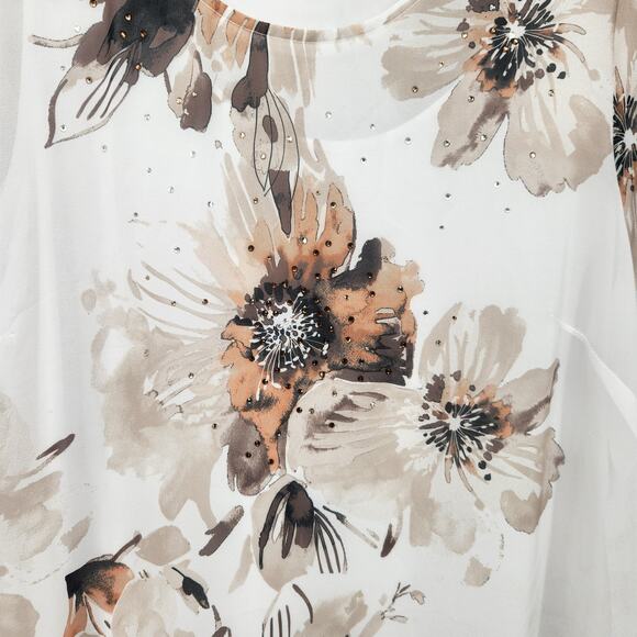 Susan Graver White Floral 2 pc. Tank Sheer Rhinestone Embellished Tunic Women L - Picture 8 of 12